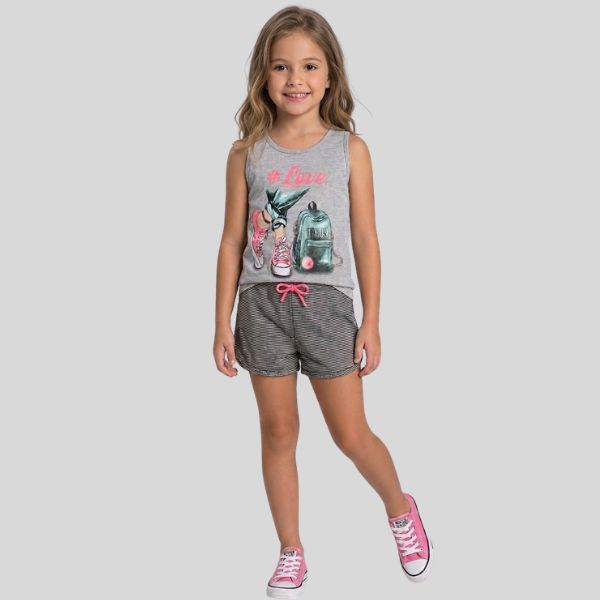 Conjunto Infantil Feminino Verão Regata Meia Malha 100% Algodão Estampada Shorts Moletinho Confortável  Casual Dia a Dia