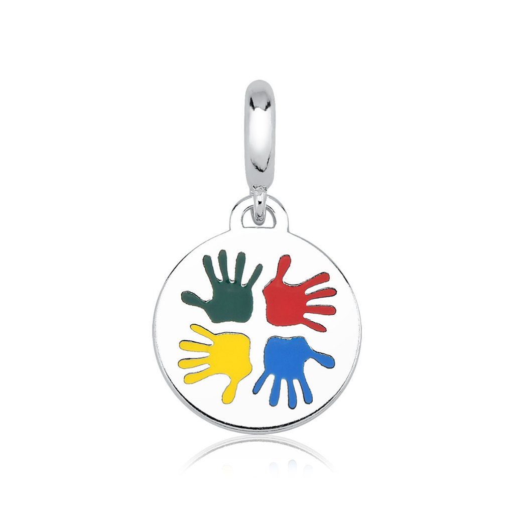Berloque de Prata 925 Medalha Mãos Autismo