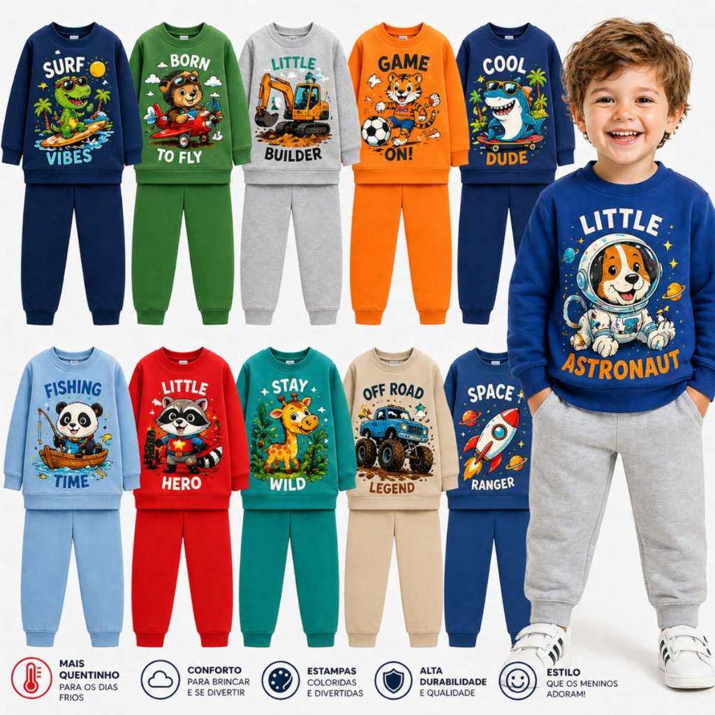 Kit 2 ou 4 Peças Bebê Infantil Menino Moletom INVERNO Conjunto Infantil Menino Quente Blusa Manga Longa Calça Promoção