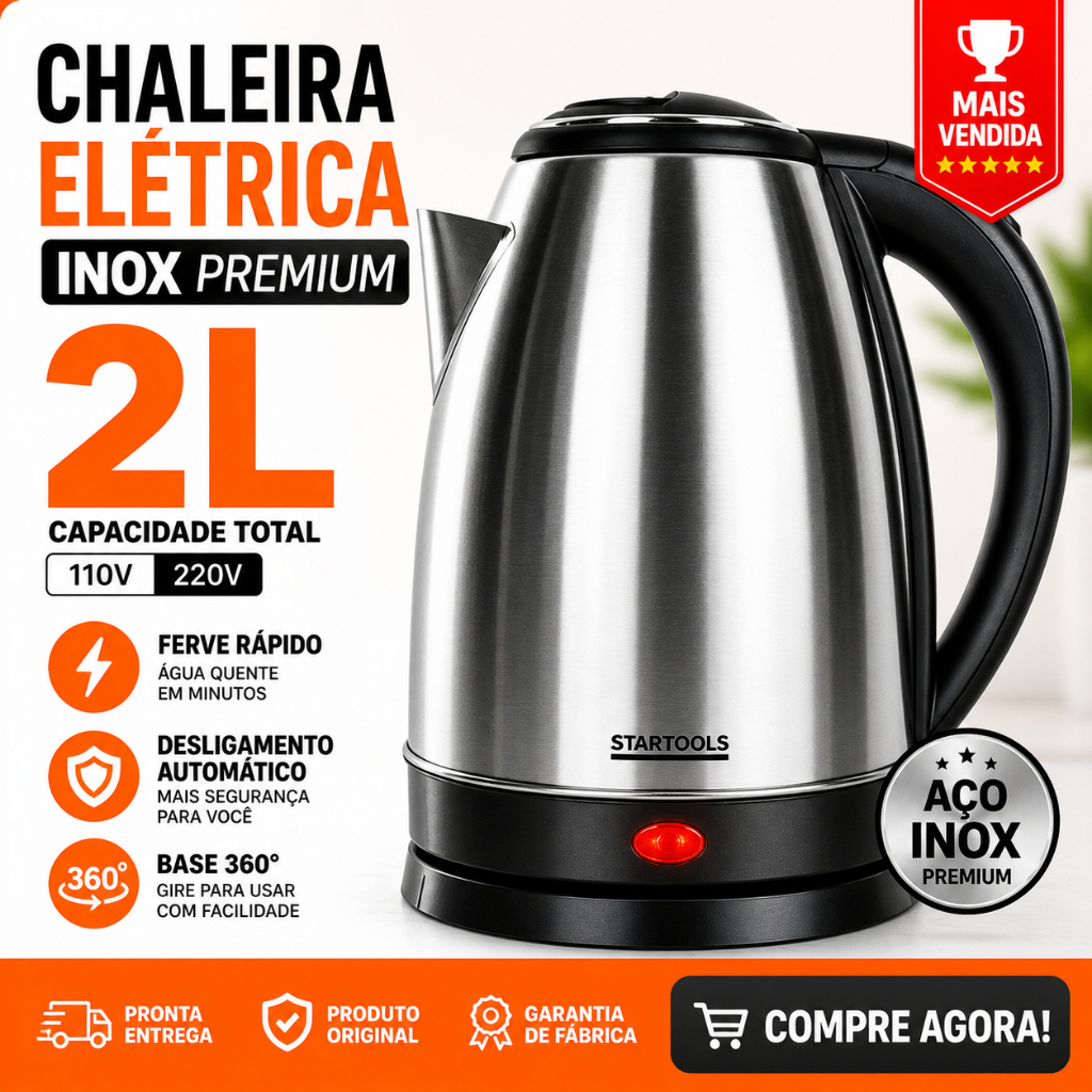 Chaleira Elétrica 2 Litros Inox Bule Elétrico Ferve Água Rápido 127V 220V Automática