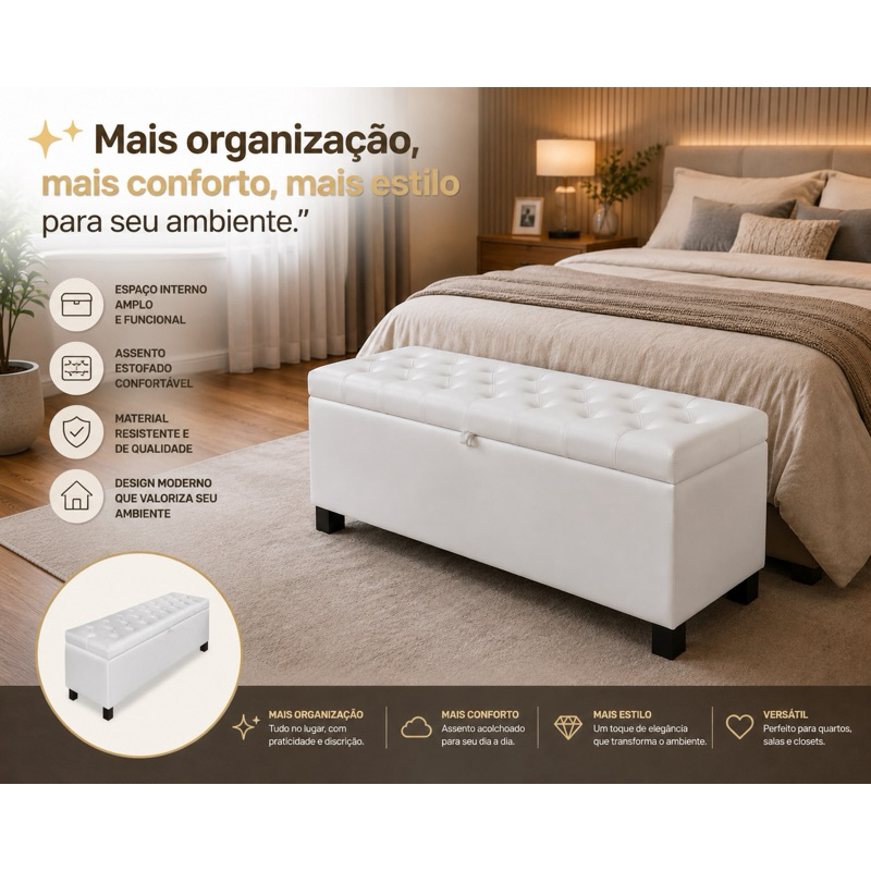 Sapateira Organizadora Puf Pufe Baú Corino 155cm Cama Queen Armazenamento Pé Madeira Tampa Pistao