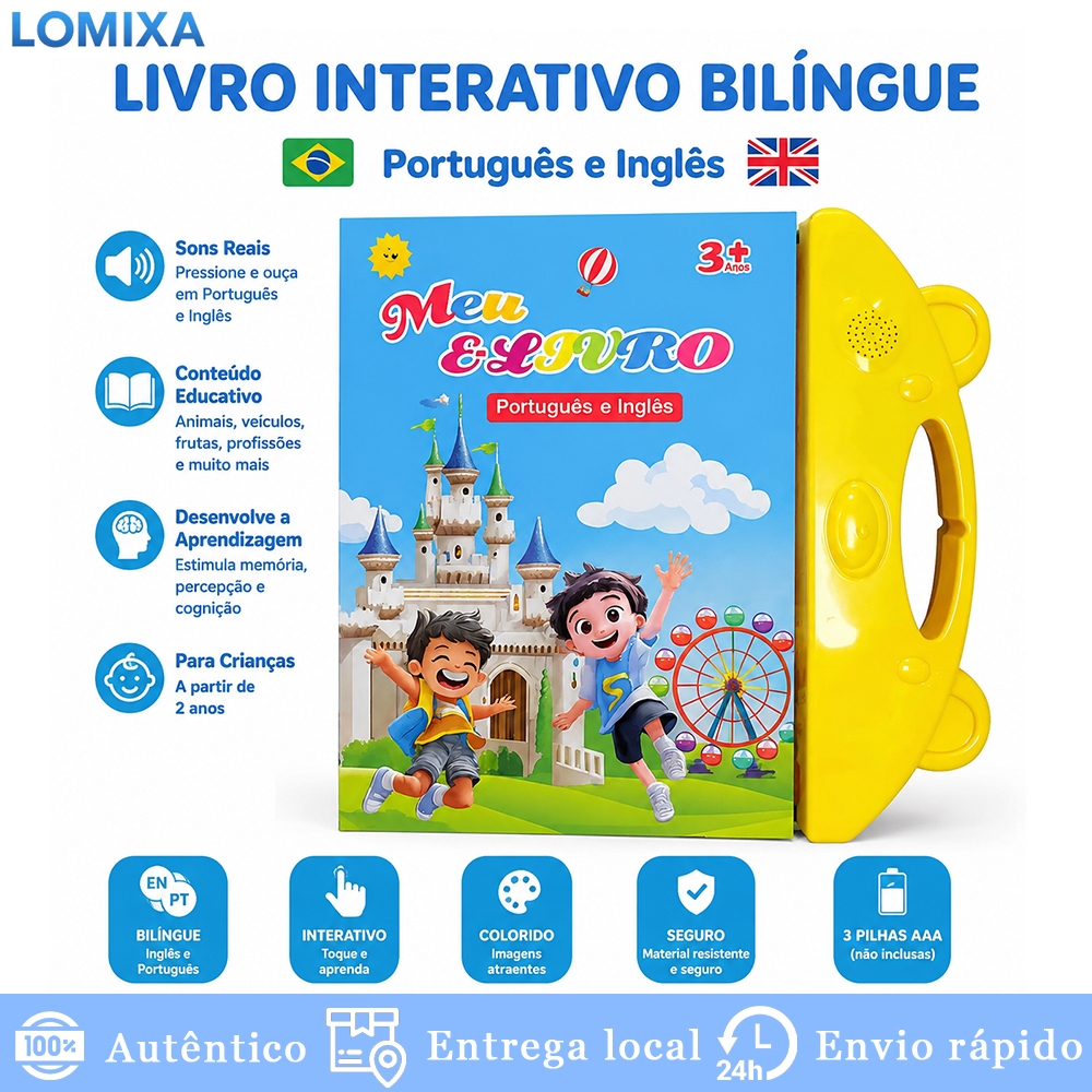 Livro Interativo Infantil Bilíngue com Som e Toque Multi Temas Educativo Português Inglês para Educação Infantil