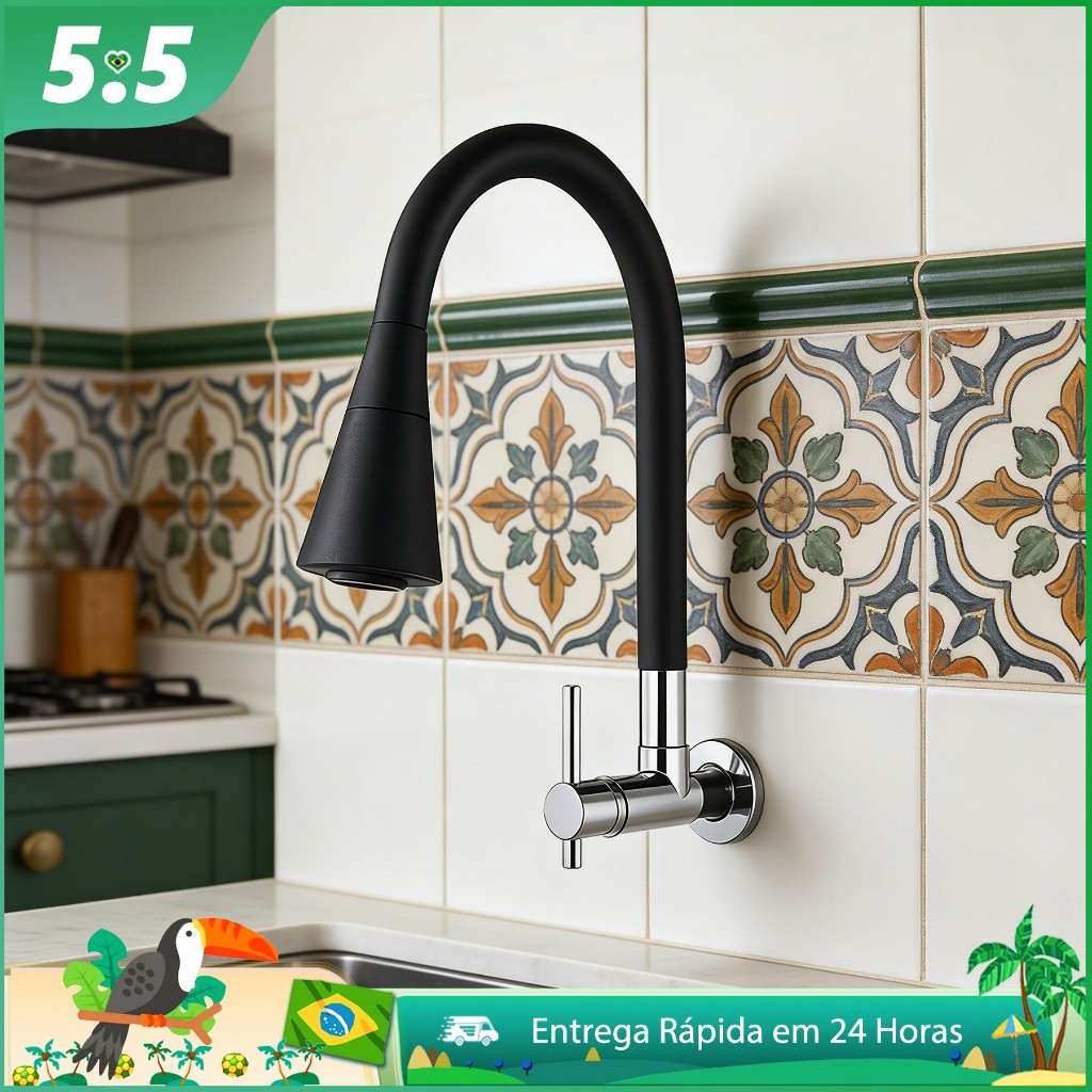 Torneira Gourmet Cozinha Preta Flexível Para Pia e Bancada Mármore 2 Jatos 1/4 Volta