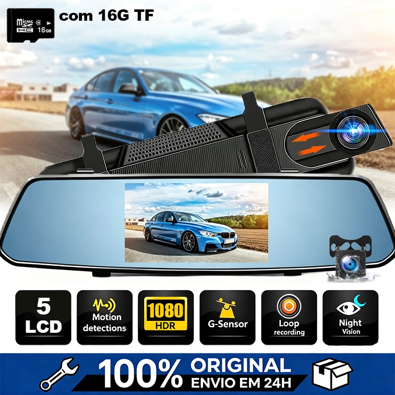 Câmera Espelho 5 polegada Retrovisor Dash Cam para Frente e Trás Ré/Frontal 1080p Infravermelho