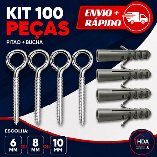 Kit de Gancho Fechado Pitão e Bucha para Fixação de 6, 8 ou 10 mm - 100 ou 50 Peças - São Raphael