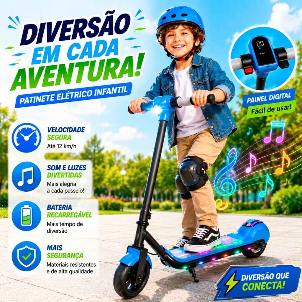 Patinete elétrico Infantil Scooter 6 polegadas com Bluetooth Velocidade 8km/h autonomia de até 10km