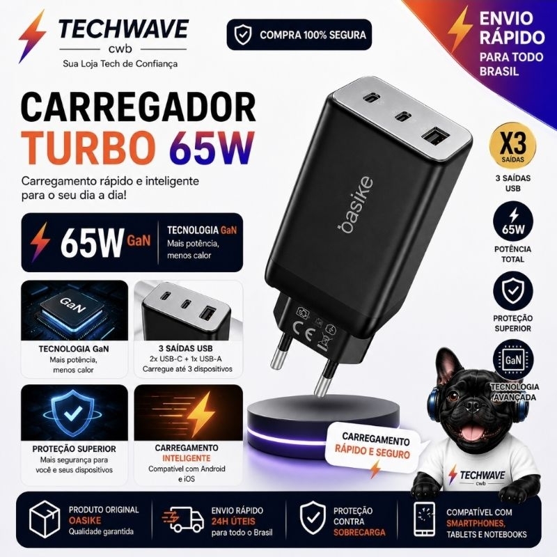 Carregador Turbo Basike 65W GaN USB-C PD QC3.0 3 Portas Carregamento Rápido