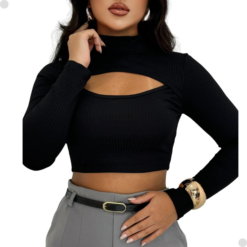 kit blusinha blusa Cropped Manga Longa Moda Feminina Tecido Canelado estilosa decote