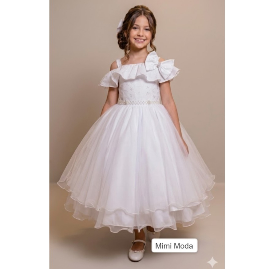 Vestido Infantil Menina Branco Tule Batizado Luxo Noivinha Formatura Casamento Florista Daminha
