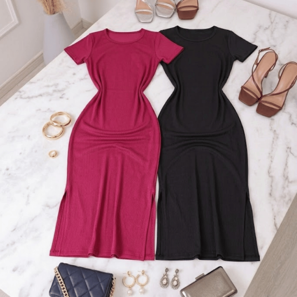 Kit 2 Vestidos Midi Feminino Justo Canelado Manga Curta Fenda Lateral Moda Casual Elegante Dia a Dia