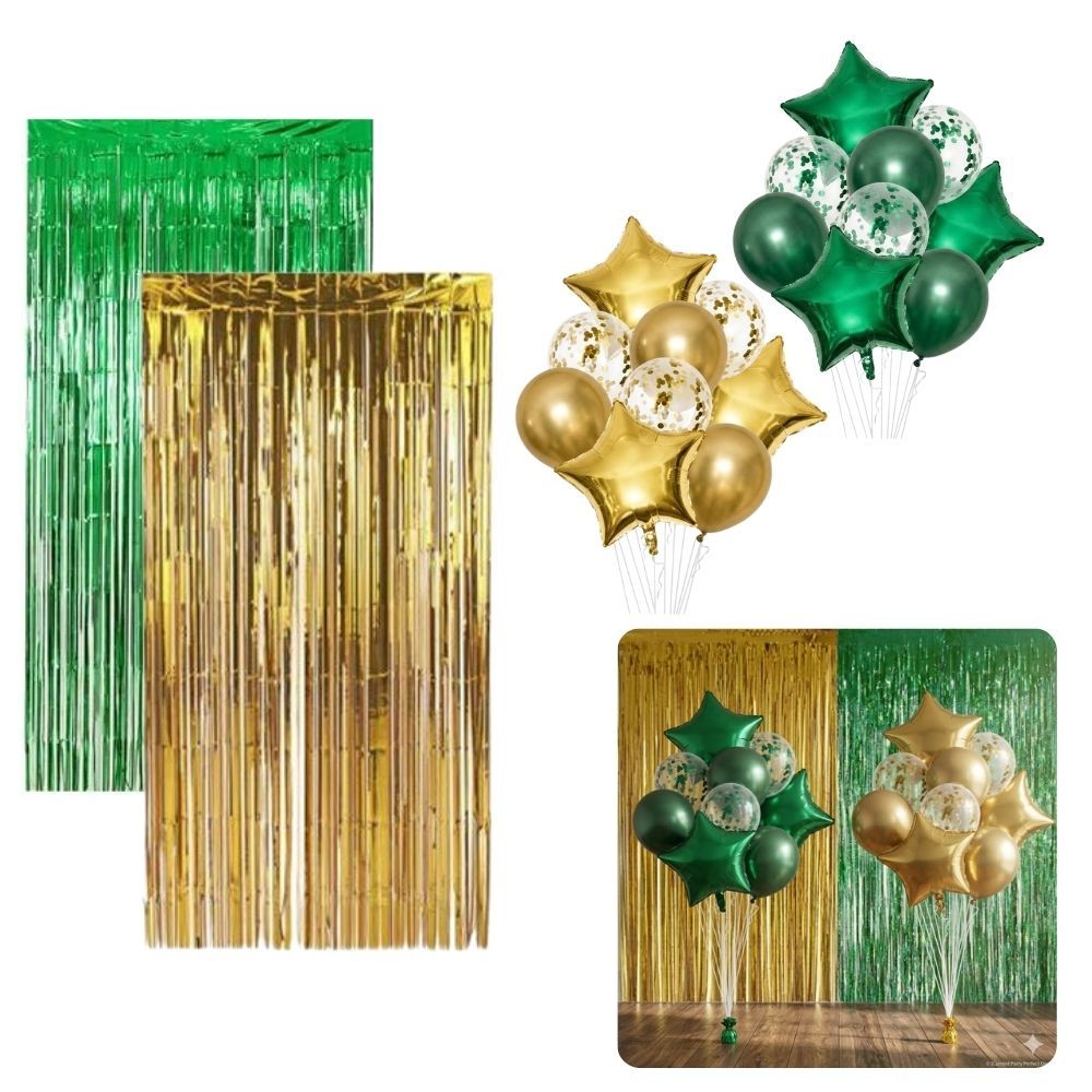 Kit Buquê Cortina Metalizada Balões Estela18" Decoração Festa Eventos Verde e Amarel Copa do Mundo 2026 Torcedor