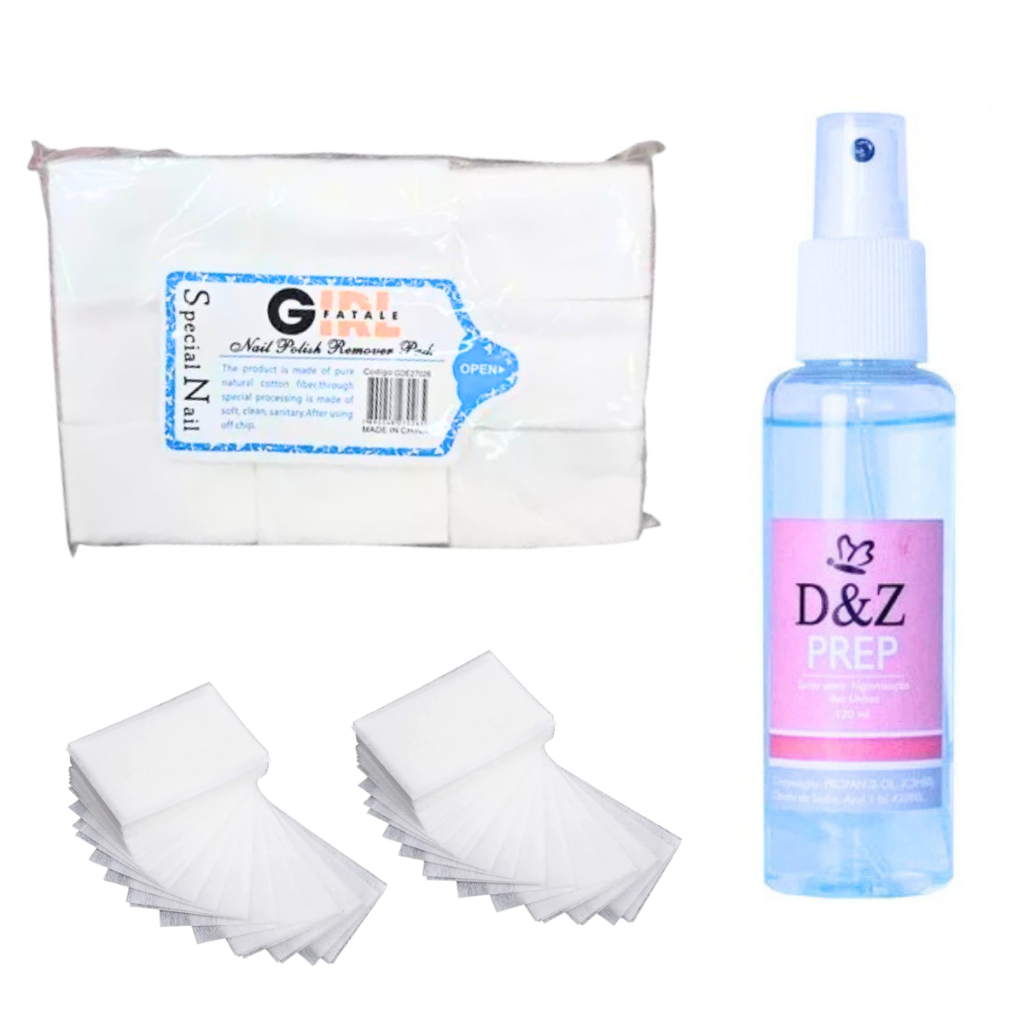 Kit c/1000 Algodão Prensado Para Unha + Prep Antisséptico Para Higienização Das Unhas 120 ml