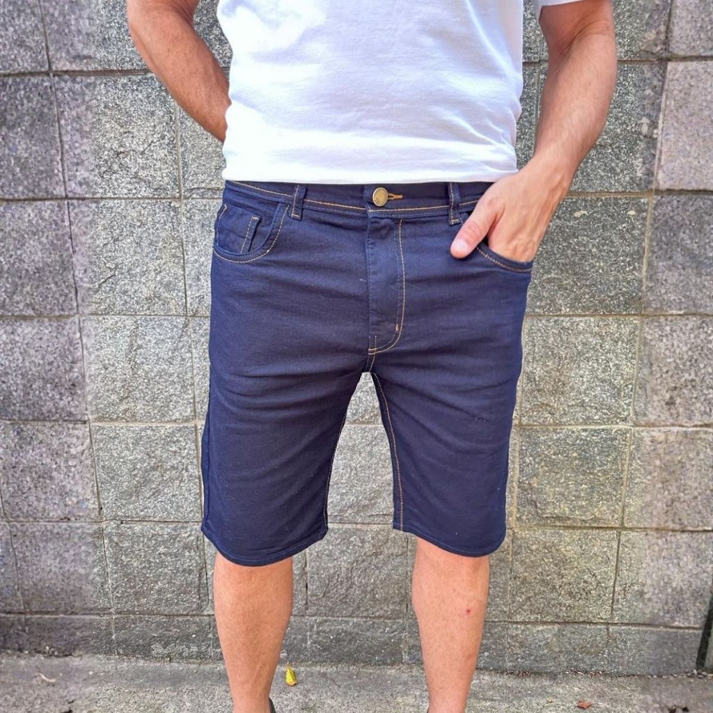 Bermuda Jeans Masculina Jogador Estiloso Confortável Shorts Tradicional Escura com Elastano