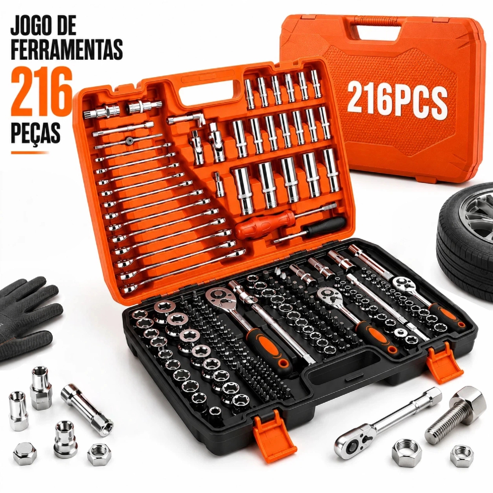 Kit de Ferramentas 37-216 Peças profissional jogo chave combinada soquetes e catraca grande