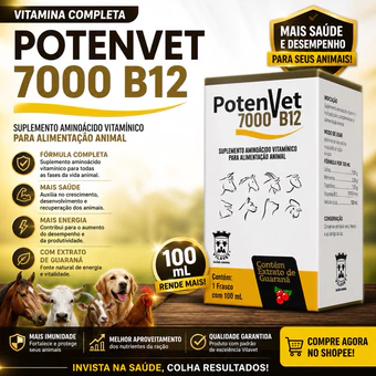 Potenvet B12 Suplemento Vitamínico e Mineral para Pet Cães Gatos e Aves