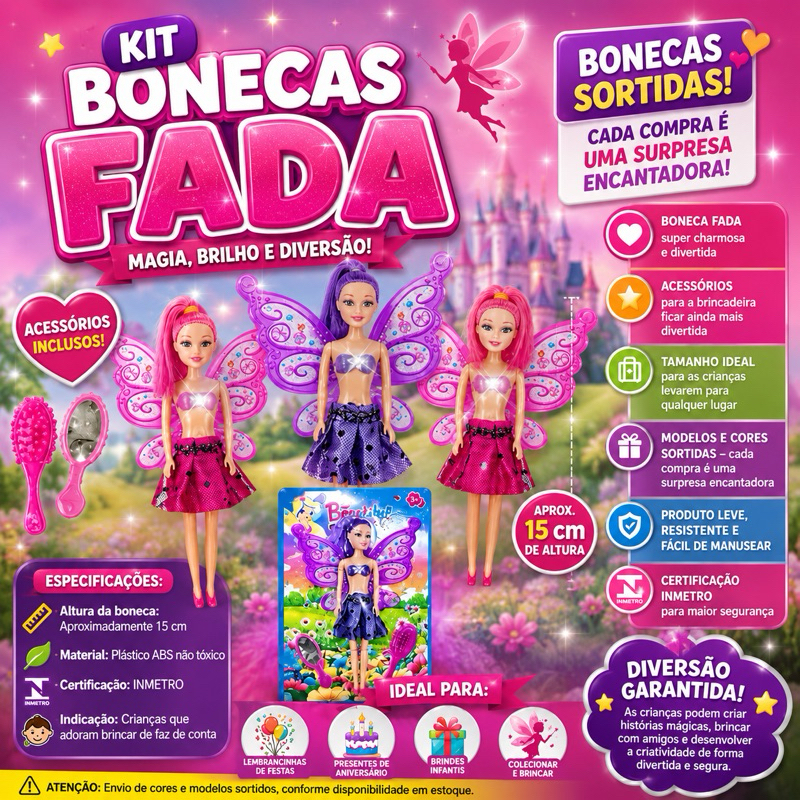 🧚‍♀️kit Boneca Fada Infantil 15cm com Acessórios – Cores Sortidas | Certificada INMETRO 🧚‍♀️