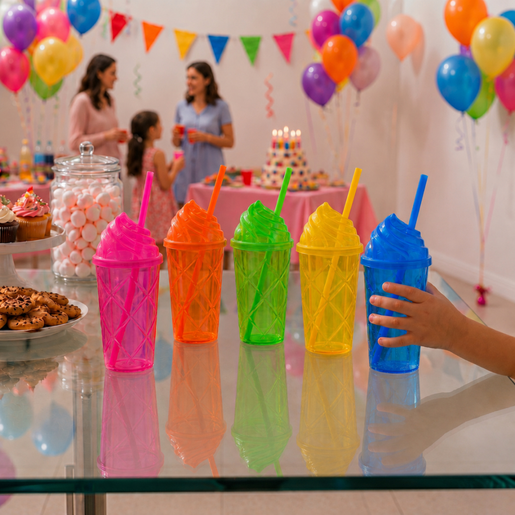 KIT 20 COPOS TWISTER 300ML COM TAMPA CHANTILLY E CANUDO NEON SORTIDO PARA FESTA ANIVERSÁRIO