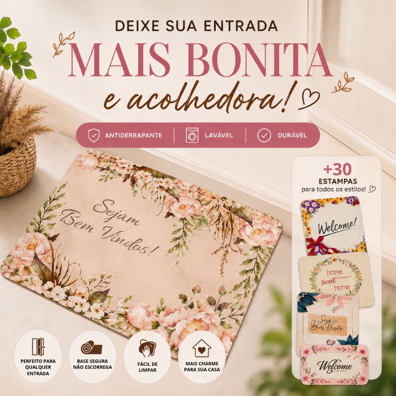 Tapete Porta Entrada Decorativo Bem Vindo Flores 34x58 Emborrachado Antiderrapante Sublimado