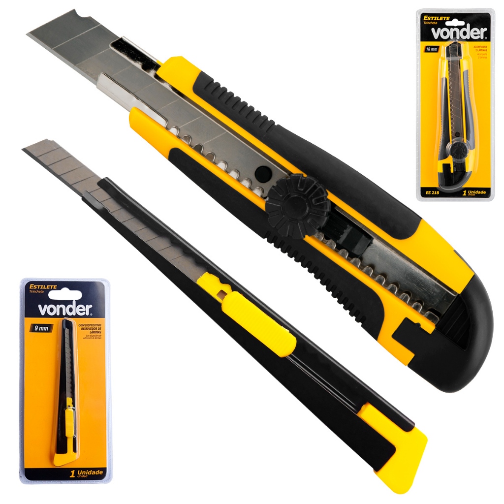 Kit Estilete 18mm com c/2 Lâminas Com Trava + Estilete 9mm Profissional de Precisão Alta Qualidade
