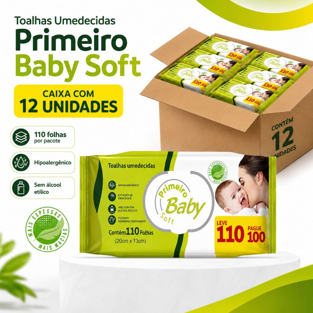 Lenço Umedecido Primeiro Baby Soft Caixa Fechada 12 Pacotes 110 Folhas Hipoalergênico Sem Álcool