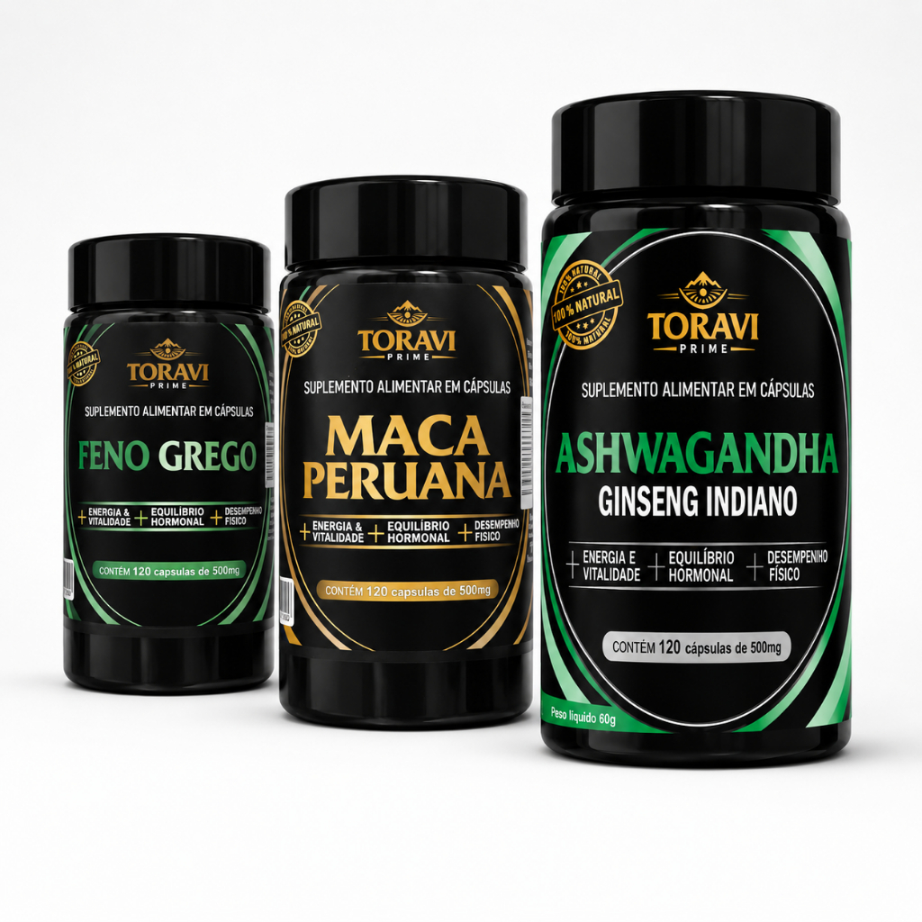 Kit Testo+ 3 Pote Ashawganda + Feno + MP 120 Caps 500mg ToraviPrime