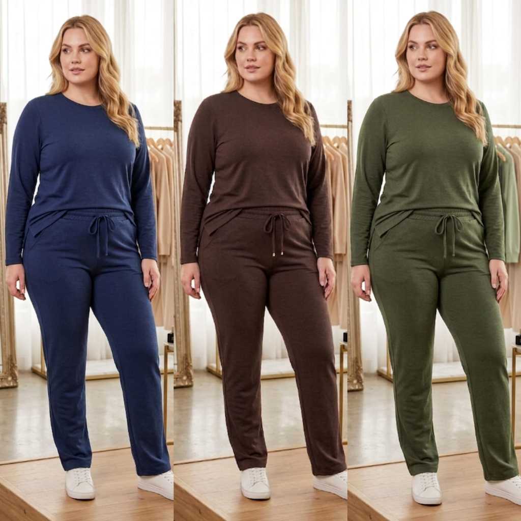 Conjunto Feminino Moletinho Plus Size | G GG G1 Blusa e Calça Pantalona com Bolso | Casual e Confortavel Moda Inverno
