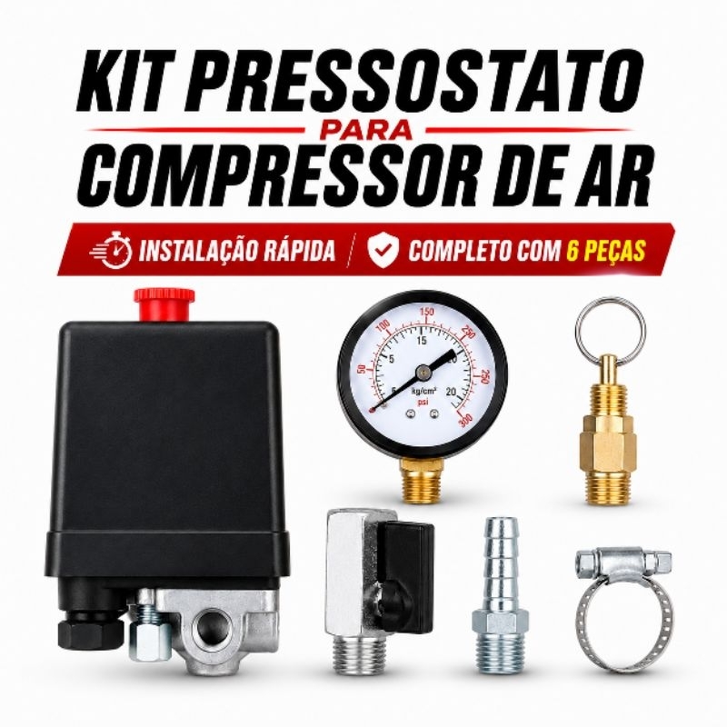 Pressostato Compressor De Ar - Kit Compressor 6 Peças Compatível Com Motomil / Chiaperini / Schulz / Vonder / Tekna
