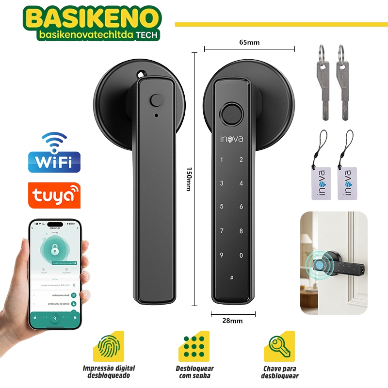 Fechadura Digital Inteligente Biométrica 5 Em 1 Impressão digital senha Chave App Tuya Classe C Porta Madeira Ferro