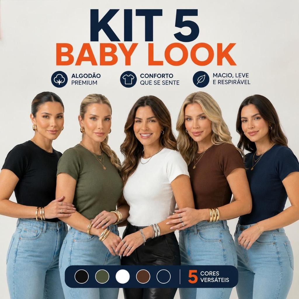Kit 5 Camisa Básica Lisa Feminina T-shirts Baby Look 100% Algodão Premium