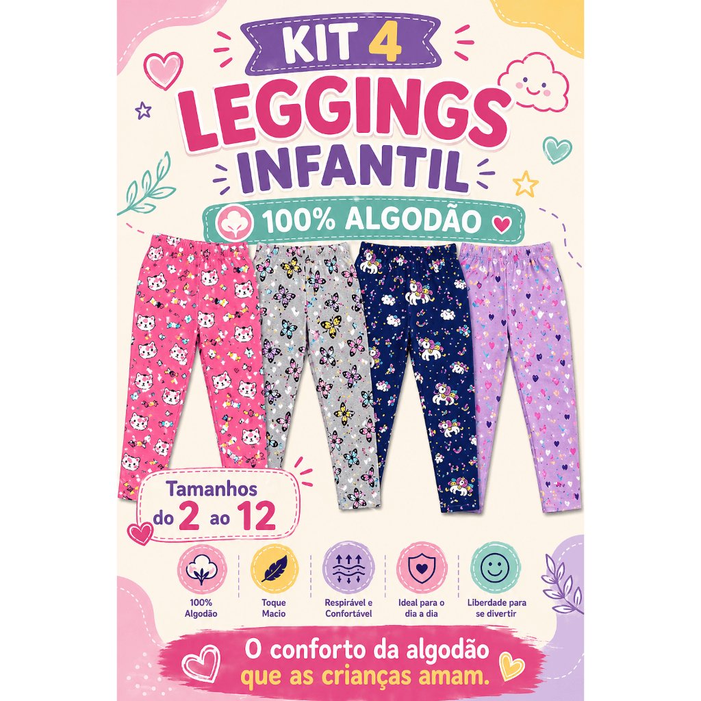 Kit 4 Leggings Infantil de Algodão com Elastano Menina Inverno em Cores Sortidas