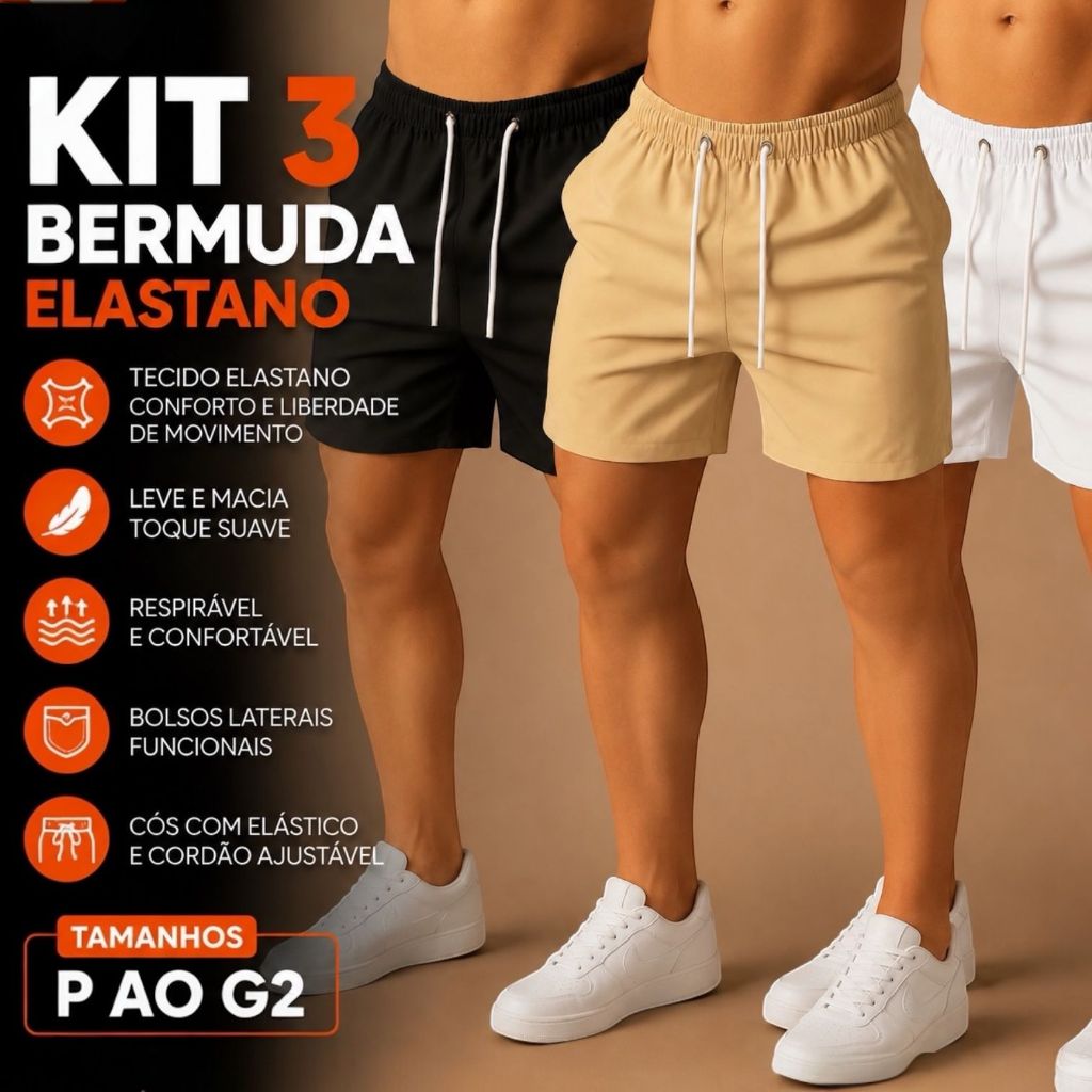Kit 3 Bermuda Elastano Plus Size Masculina Original Chief Shorts Tactel com Elastano Praia Casual