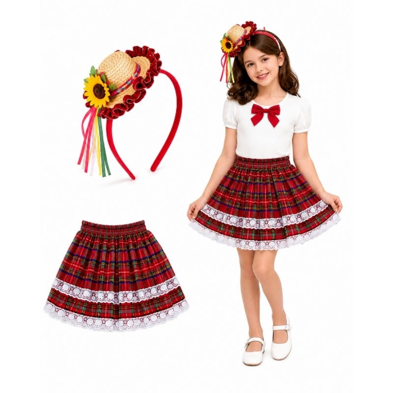 saia para festa junina infantil e adulto + tiara arraia tamanho unico