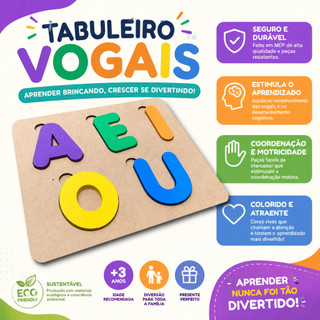 Tabuleiro Vogais Sensorial Colorido Infantil Brinquedo Educativo Madeira Alfabetização Escolar kids