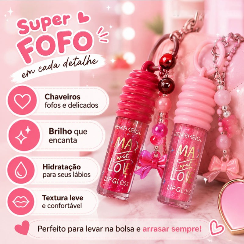 Kit 2 Gloss Labial com Chaveiro, Hidratante, Brilho Natural, Lábios Macios e Suaves MK396
