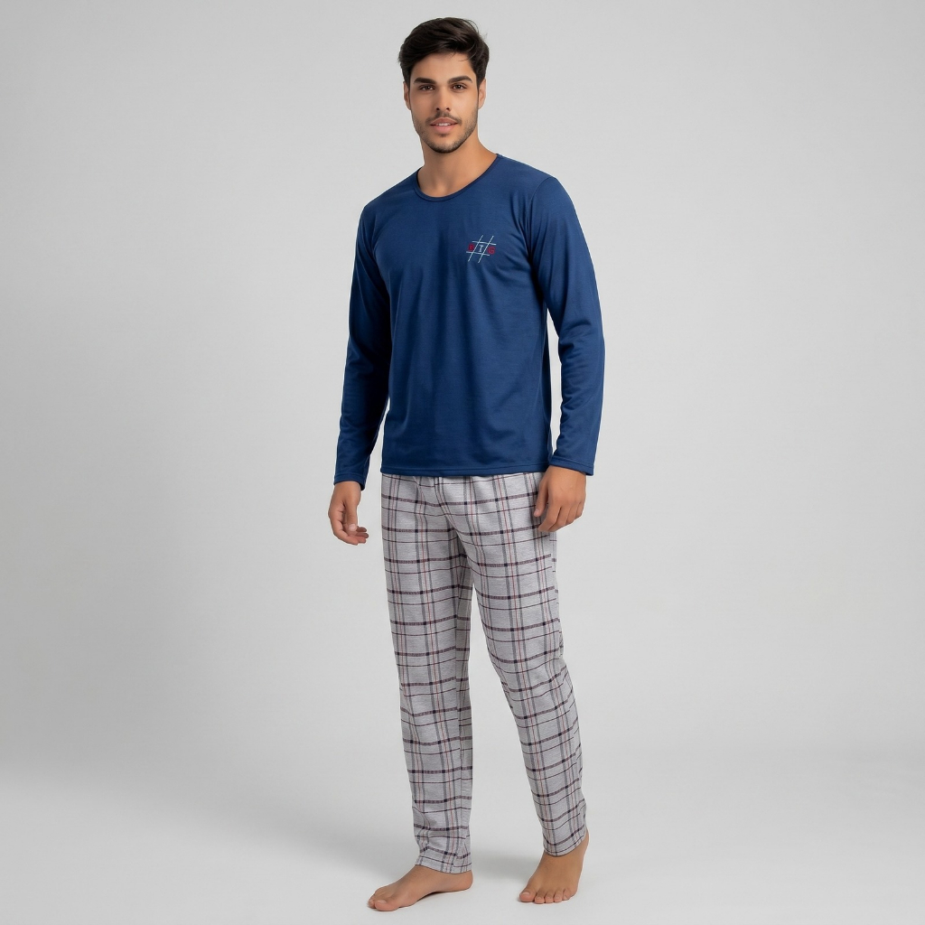 Pijama Masculino Adulto de Inverno Manga Longa Calça Comprida Frio Xadrez Confortável