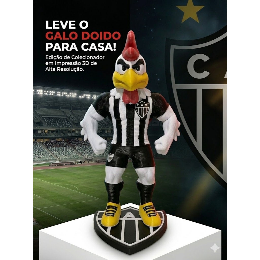Mascote Atlético Mineiro "Galo Doido" Colecionador - Impressão 3D Alta Resolução - 30CM - CAM - MG