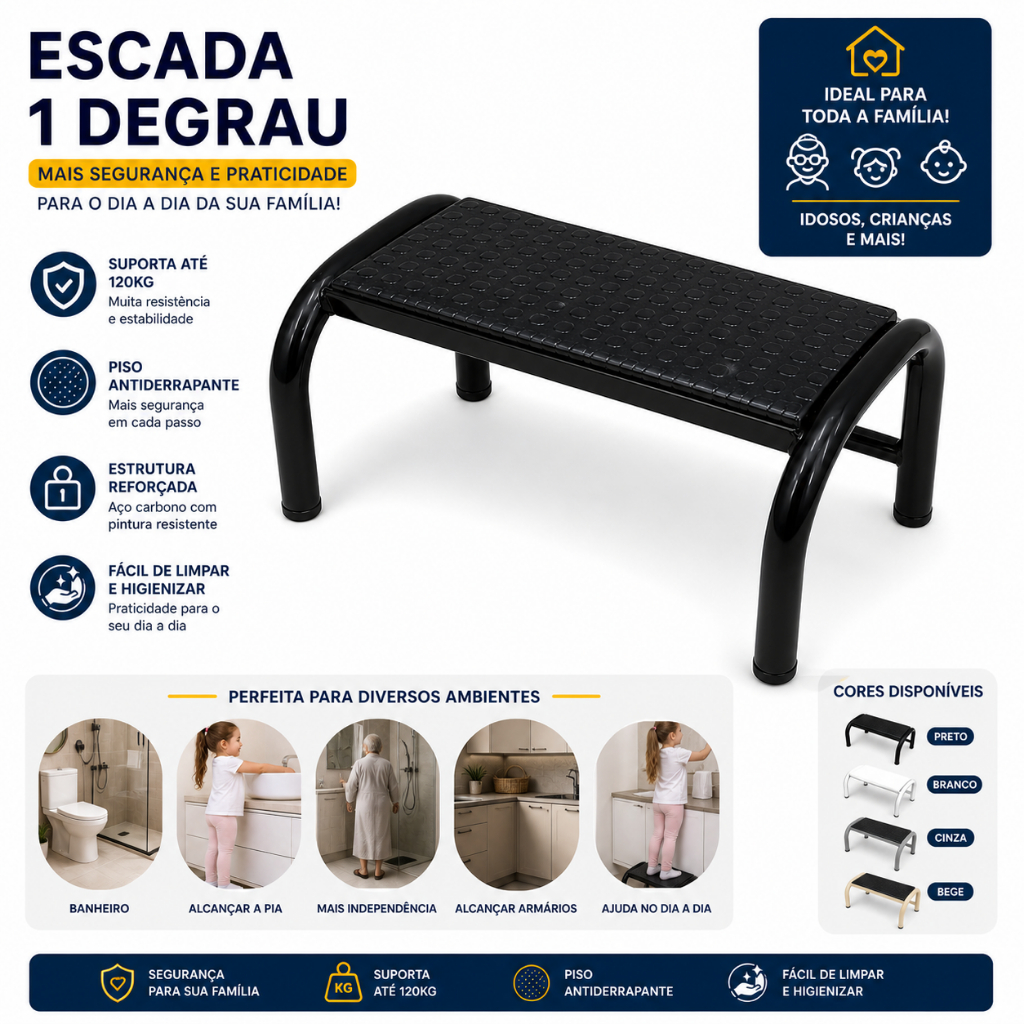 Escada 1 Degrau Antiderrapante Aço Reforçado Banqueta Até 120kg