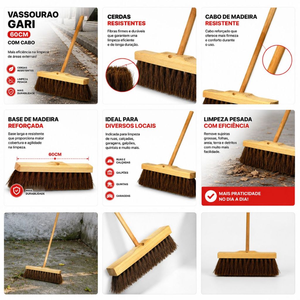 Vassourão GARI PIAÇAVA 60cm com Cabo 1,50m Vassoura Limpeza Pesada Industrial Galpão Calçada — imagem 2 de 2