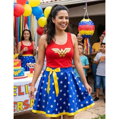 Fantasia similar a MULHER MARAVILHA vermelho com saia de cetim Adulto e Infantil