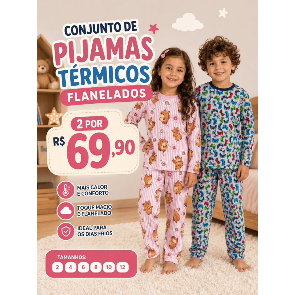 Kit C/ 2 Conjuntos de Pijama Térmico Flanelado Quentinho Menino e Menina - Inverno Meia Estação Estampados