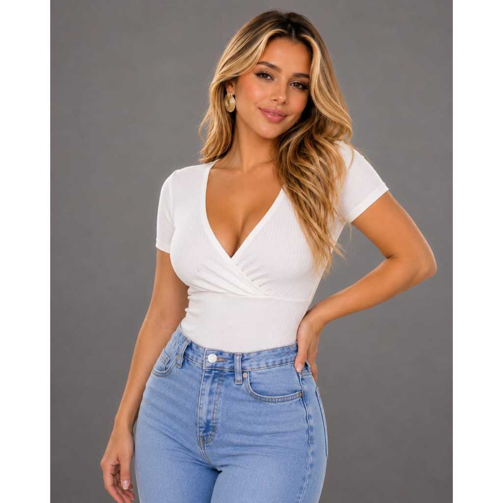 Blusa Casual Decote V Transpassada Canelada Manga Curta Look Elegante Trabalho Casual