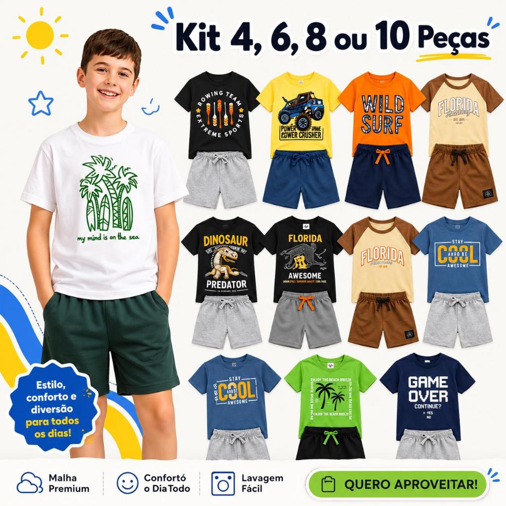 Conjunto Infantil Kit 4 6 8 e 10 Peças Roupa Menino Verão Estampado Diversos Modelos 1 a 12 Anos