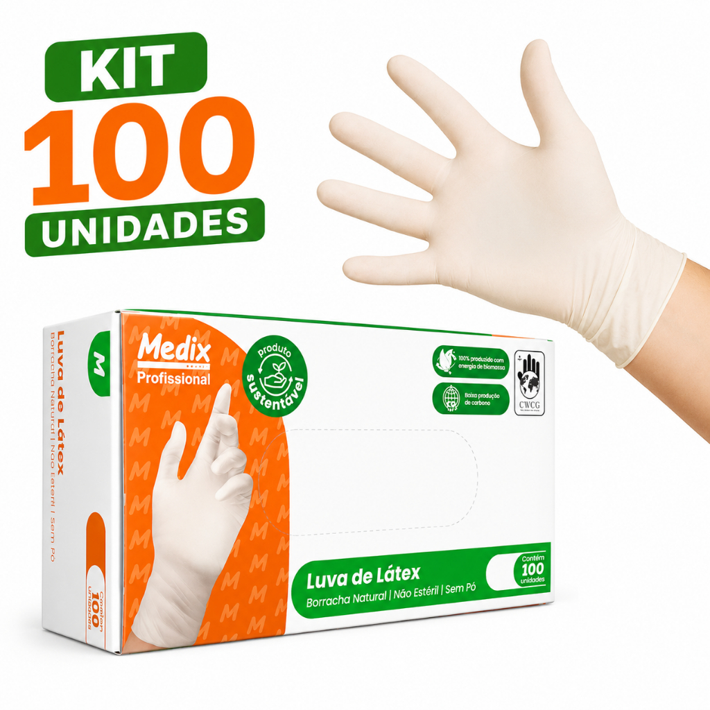 Kit 100 Unidades Luvas Látex Descartável Sem Pó Profissional Luva Branca Tamanho P M e G Medix