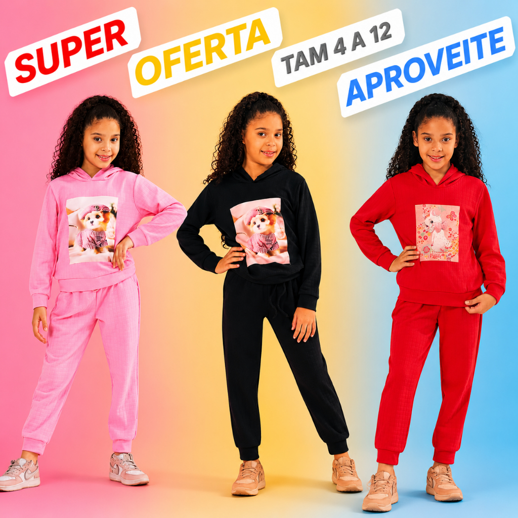 Conjunto Infantil Inverno Menina com Capuz Estampa Aleatoria – Tamanhos 4 ao 12 – Cores Sortidas roupas de frio