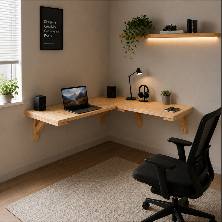 Mesa em L Suspensa 100% em Madeira Bancada de estudos, mão francesa industrial computador prateleira gamer home office