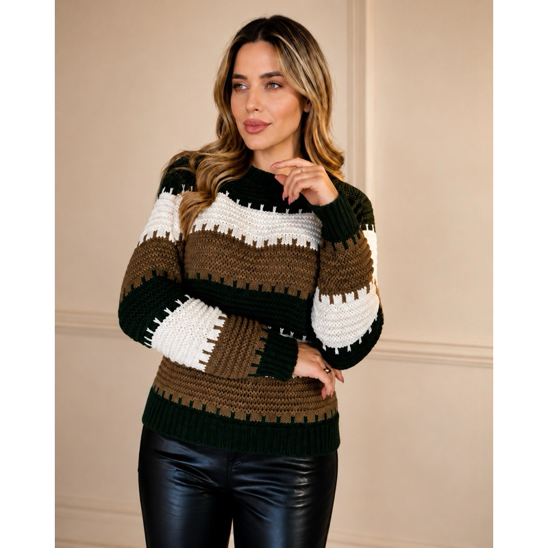 Blusa frio feminina Tricô grosso Listrado Feminina Modal Premium Inverno