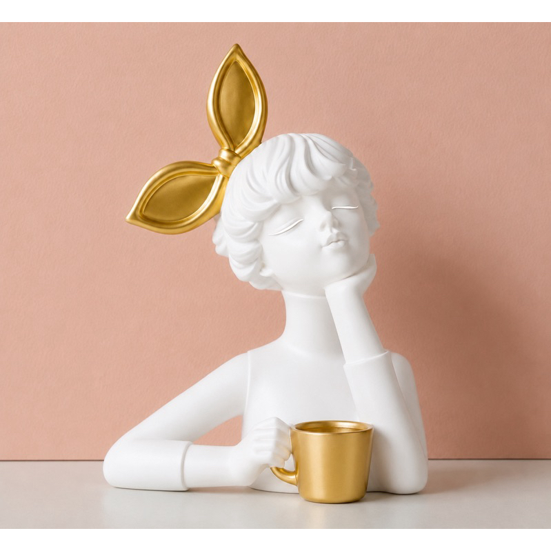 Busto Decorativo Milli Xícara Branco e Dourado Estatueta cantinho do café Para decoração sofisticada