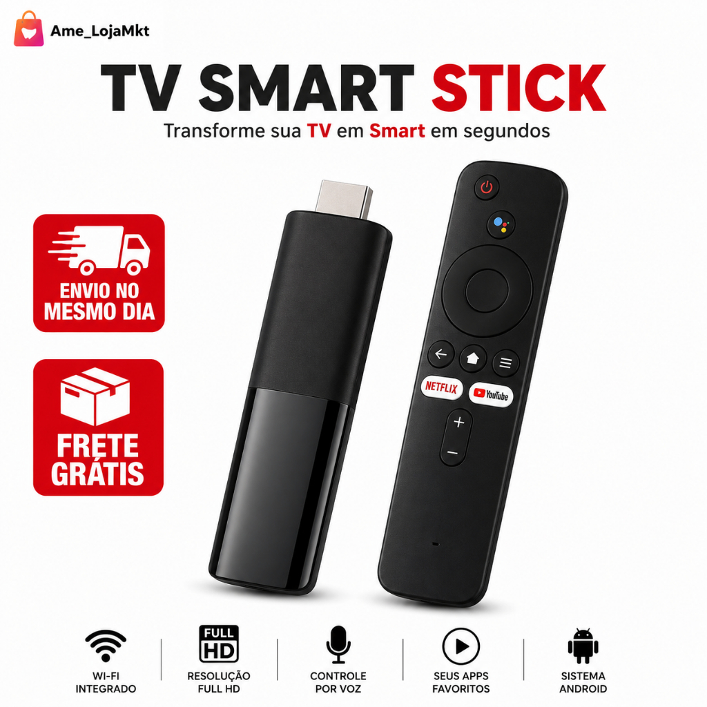 TV Stick Smart Android TV Box Full HD Wi-Fi Controle por Voz HDMI