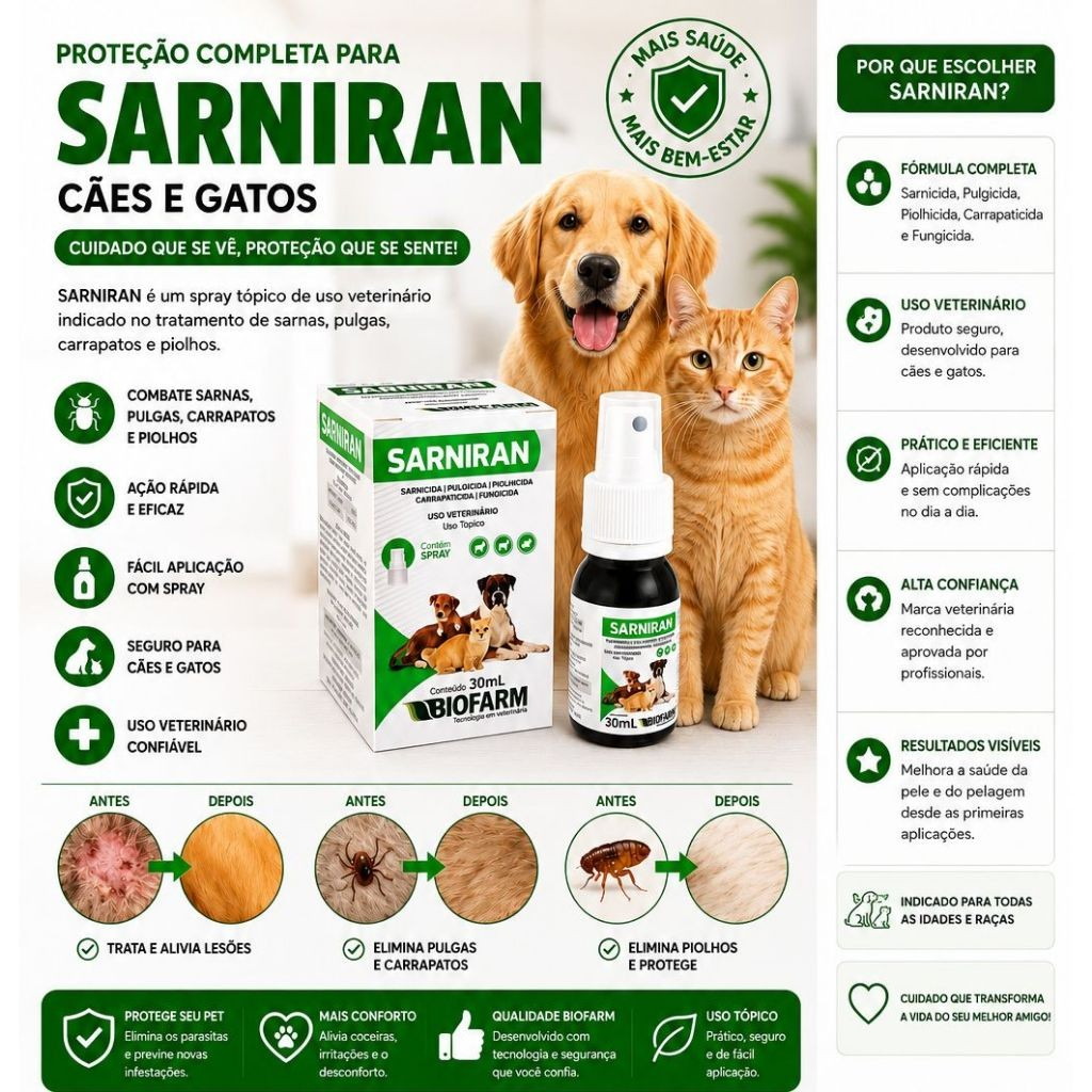 SARNIRAN Spray 30ml Coceiras Dermatite Sarnas Cães ou gatos