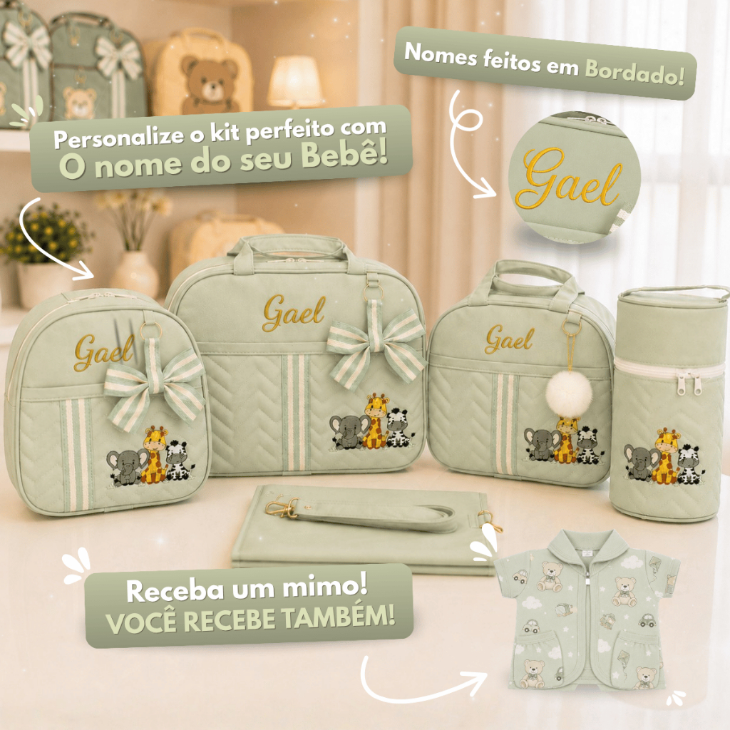 Kit Multiuso com Bolsas para Maternidade completo com Porta-Mamadeira para Personalizado com Nome